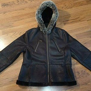 GIACCA 5 Stars Women's Dark Brown Leather Suede Blend Fur Hooded Jacket, XL